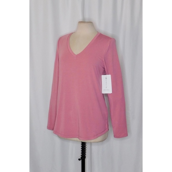 NWT! ATHLETA Essential V Neck Long Sleeve Top Shirt Tee T-Shirt Rose Pink Medium - Picture 6 of 16